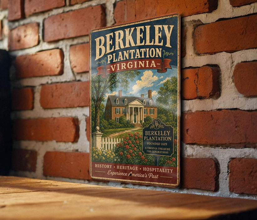 A vintage-style metal sign for Berkeley Plantation, Virginia, mounted on a brick wall.