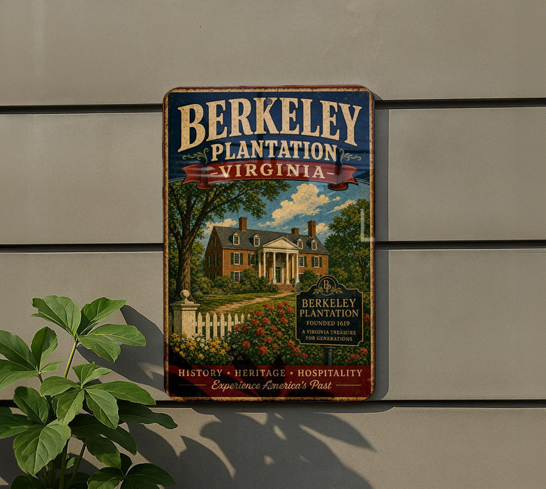 A vintage-style metal sign for Berkeley Plantation, Virginia, featuring a large house surrounded by trees and flowers, with a sign indicating that it is a Virginia plantation.