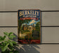 A vintage-style metal sign for Berkeley Plantation, Virginia, featuring a large house surrounded by trees and flowers, with a sign indicating that it is a Virginia plantation.