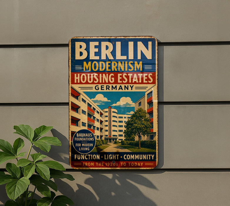 a vintage advertisement for Berlin's modern housing estate, with a focus on the Bauhaus design and the concept of "function, light, community".