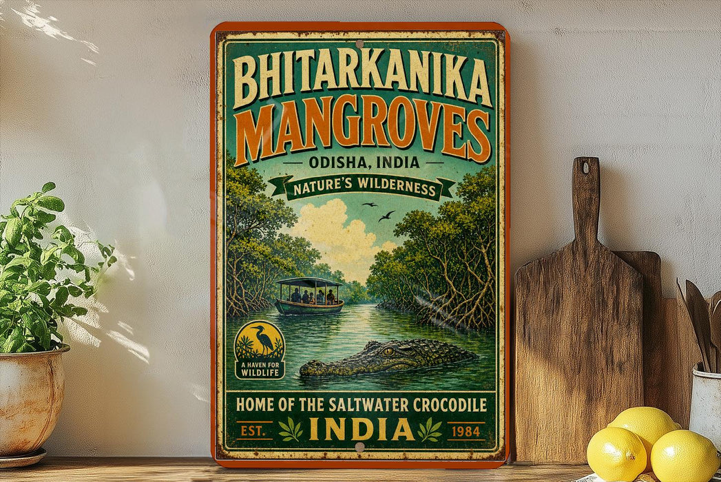 a vintage-style sign for the Bhitarkanika Mangroves, a nature reserve in Odisha, India. The sign is displayed on a wooden shelf, with a potted plant and a wooden cutting board visible in the background.