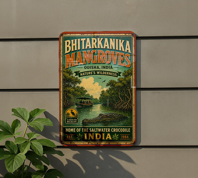 A vintage-style sign for the Bhtarkanika Mangroves, a nature reserve in Odisha, India, featuring a scenic image of a boat on a river surrounded by lush greenery.