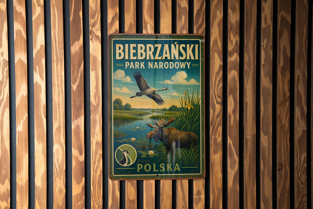 A vintage metal sign with a bird and moose illustration, mounted on a wooden wall.