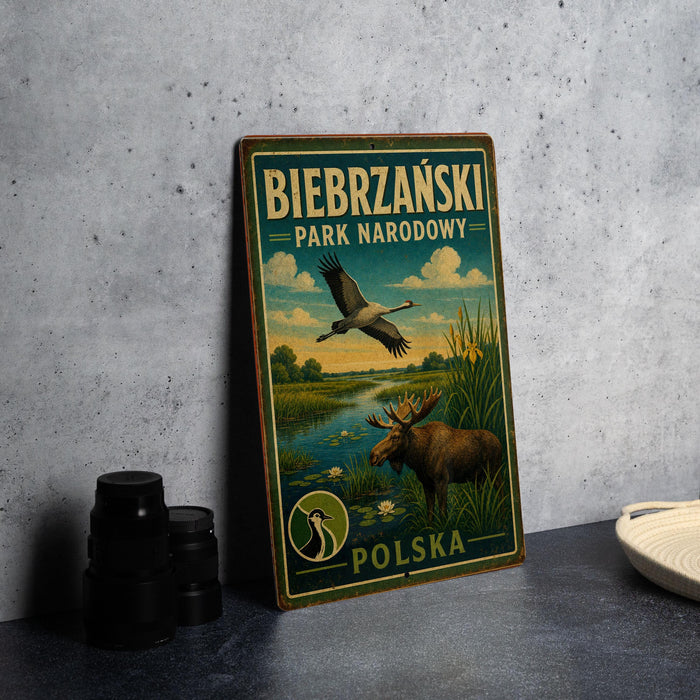 A vintage-style sign for the park Narodowy in Poland, featuring a moose and a crane in a scenic landscape.