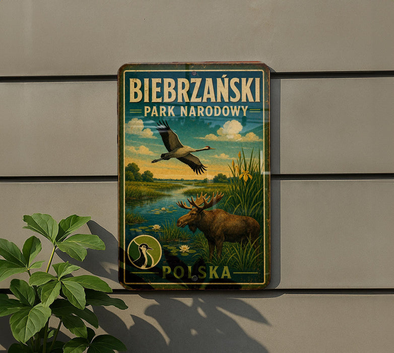 A metal sign with a vintage-style illustration of a moose and a bird, along with the text "BIÉBRZANSKI PARK NARODOWY POLSKA".