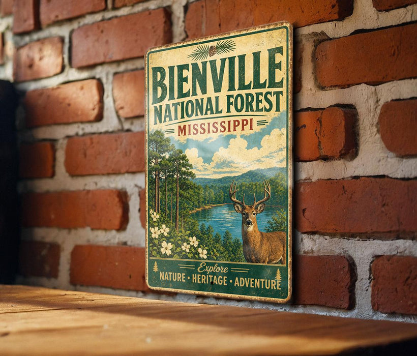 A vintage-style metal sign for the Bienville National Forest in Mississippi, featuring an illustration of a deer in a forest setting.