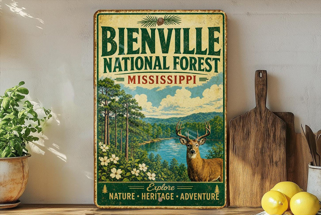 a vintage-style metal sign for Bienville National Forest in Mississippi, with a deer illustration and the text "Explore Nature - Heritage - Adventure" prominently displayed.