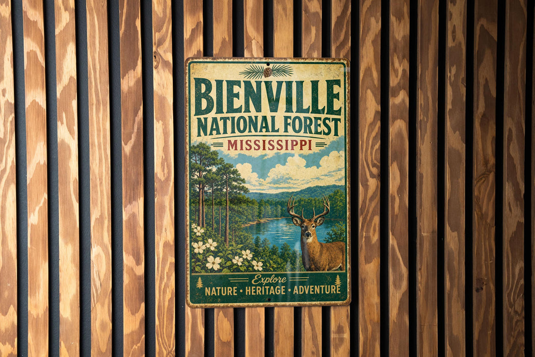A vintage-style metal sign for the Bienville National Forest in Mississippi, featuring a deer and a scenic landscape.