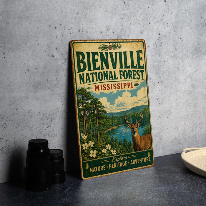 A vintage-style metal sign for the Bienville National Forest in Mississippi, featuring a deer and a scenic landscape.