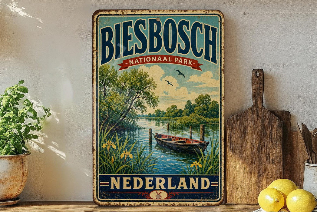 A vintage-style sign for Biesbosch National Park in the Netherlands, featuring a scenic image of a boat on a river surrounded by lush greenery.