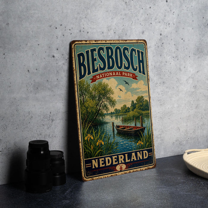 A vintage-style metal sign for Biesbach National Park in Netherlands, featuring a scenic landscape with a boat on the water.