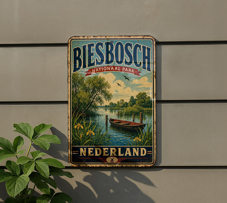 A vintage-style metal sign with the text "Biesbosch National Park - Nederland" displayed on a wall, featuring a scenic landscape with a boat on a lake.