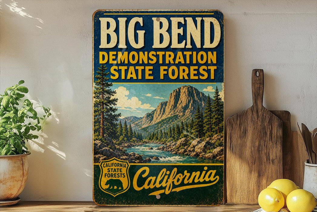 a vintage-style sign for the Big Bend State Forest, with a scenic mountain landscape and a river depicted on it. The sign is displayed on a shelf, surrounded by various kitchen utensils and a potted plant.