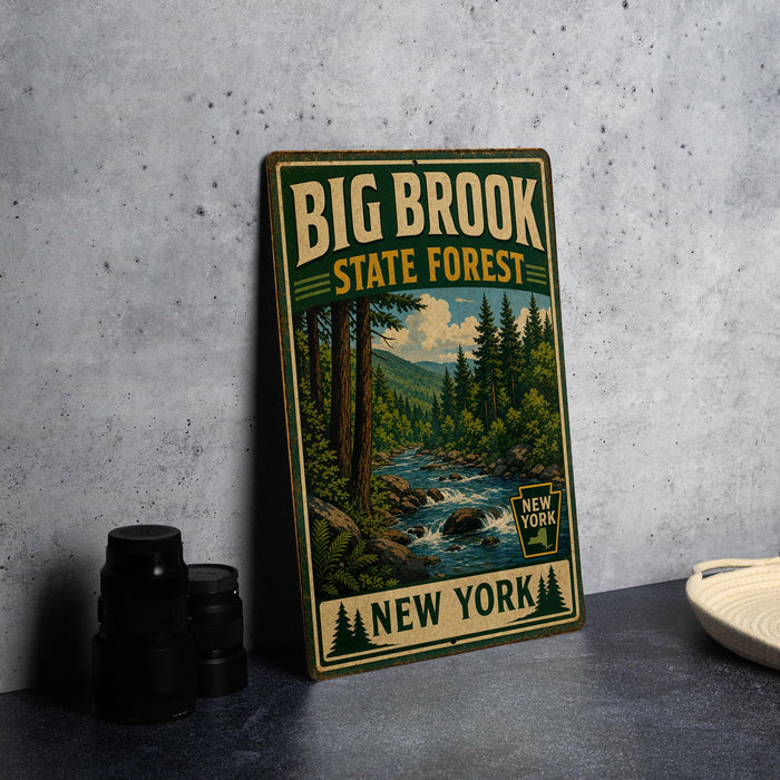A vintage-style metal sign for Big Brook State Forest in New York, featuring a scenic illustration of a forest and a river.