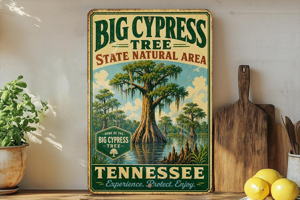 A vintage-style sign for the Big Cypress Tree State Natural Area in Tennessee, featuring a large cypress tree and a river.