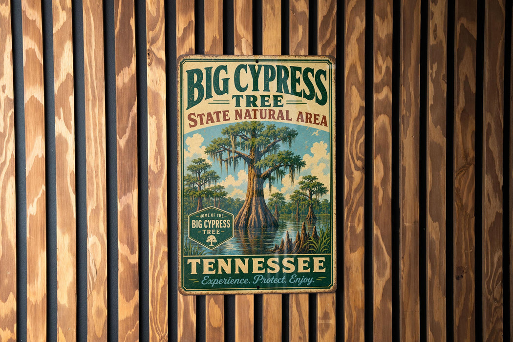 A vintage-style metal sign for Big Cypress Tree, located in Tennessee, is displayed on a wooden wall.