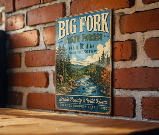 A vintage-style sign for Big Fork State Forest in Minnesota, featuring a scenic illustration of a river surrounded by pine trees and mountains.