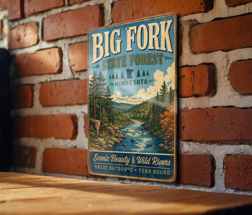 A vintage-style sign for Big Fork State Forest in Minnesota, featuring a scenic illustration of a river surrounded by pine trees and mountains.