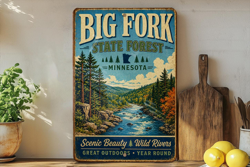 A vintage-style sign for Big Fork State Forest in Minnesota, featuring a scenic illustration of a river surrounded by pine trees and mountains.