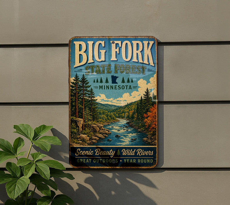 A vintage-style metal sign for Big Fork State Forest in Minnesota, featuring a scenic landscape with a river and pine trees.