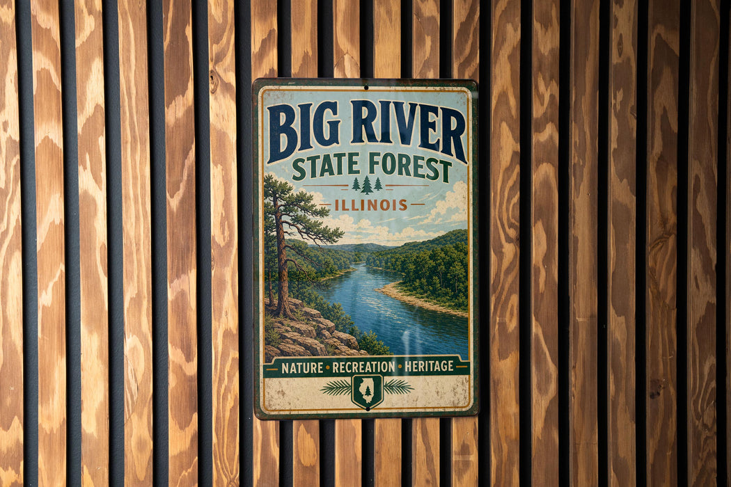 A vintage metal sign for Big River State Forest in Illinois, featuring a scenic illustration of a river surrounded by trees and mountains.