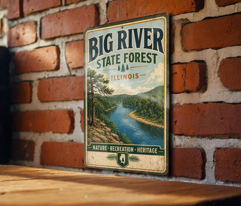 A vintage-style sign for Big River State Forest in Illinois, featuring a scenic image of a river surrounded by pine trees and mountains.