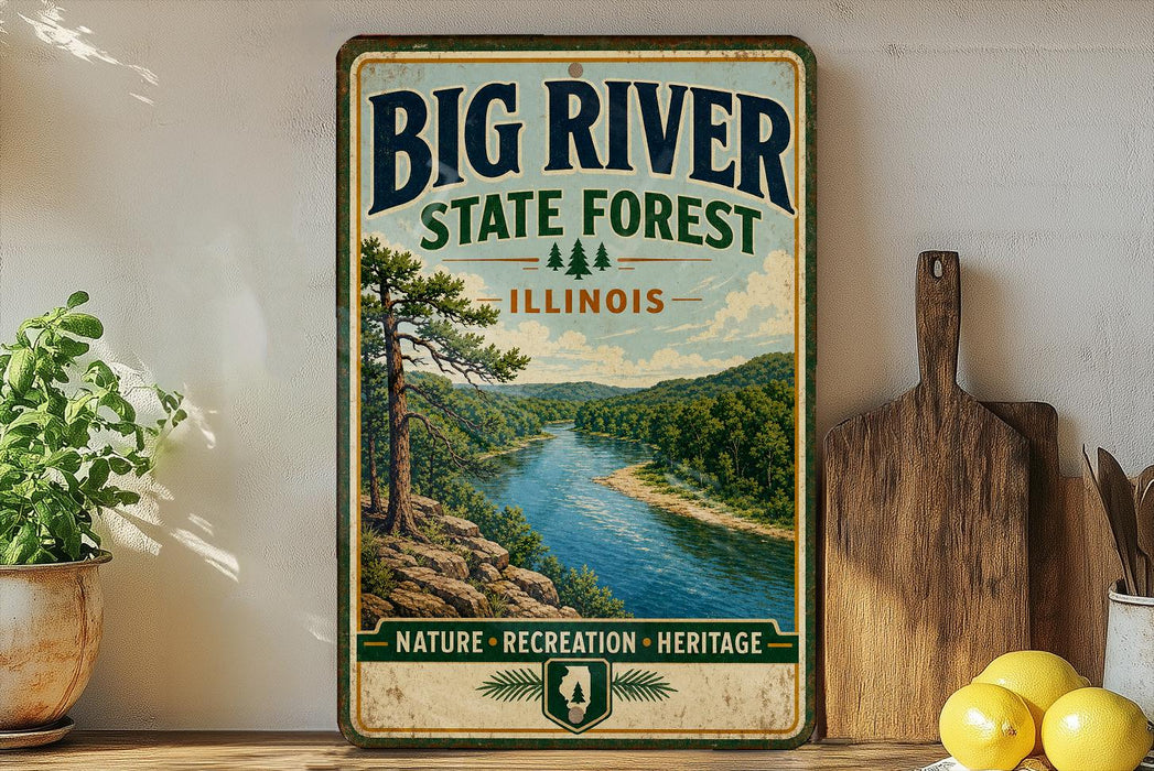 A vintage-style sign for the Big River State Forest in Illinois, featuring a scenic illustration of a river surrounded by lush greenery.
