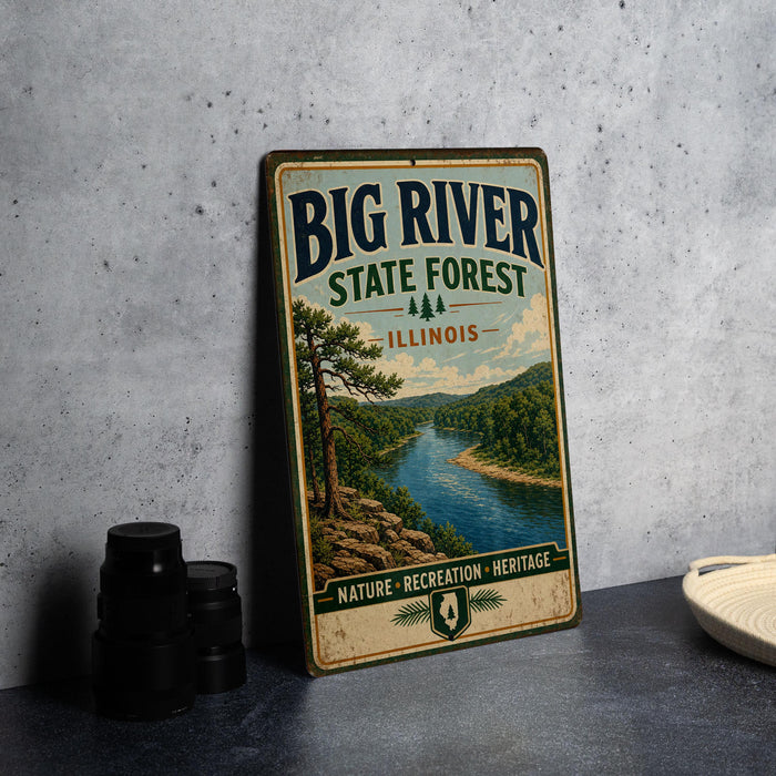 A vintage-style sign for Big River State Forest in Illinois, featuring a scenic illustration of a river surrounded by lush greenery.
