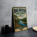 A vintage-style sign for Big River State Forest in Illinois, featuring a scenic illustration of a river surrounded by lush greenery.