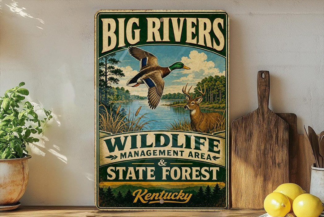 A vintage-style sign for the Big Rivers Wildlife Management Area in Kentucky, featuring a duck and deer in a natural setting.