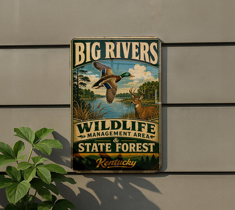 A vintage-style metal sign for the Big Rivers Wildlife Management Area in Kentucky, featuring an illustration of ducks and deer in a natural setting.