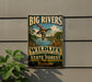 A vintage-style metal sign for the Big Rivers Wildlife Management Area in Kentucky, featuring an illustration of ducks and deer in a natural setting.