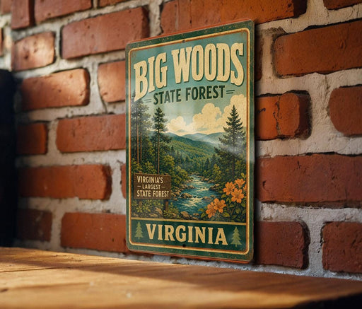 A vintage-style metal sign for the Big Woods State Forest in Virginia, featuring a scenic illustration of a forest landscape with a river and mountains.