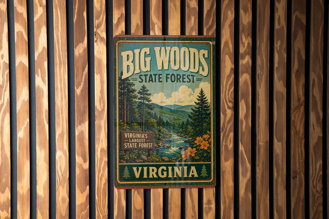 A vintage-style sign for the Big Woods State Forest in Virginia, featuring a scenic illustration of a forest landscape with a river and mountains in the background.