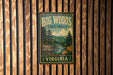 A vintage-style sign for the Big Woods State Forest in Virginia, featuring a scenic illustration of a forest landscape with a river and mountains in the background.
