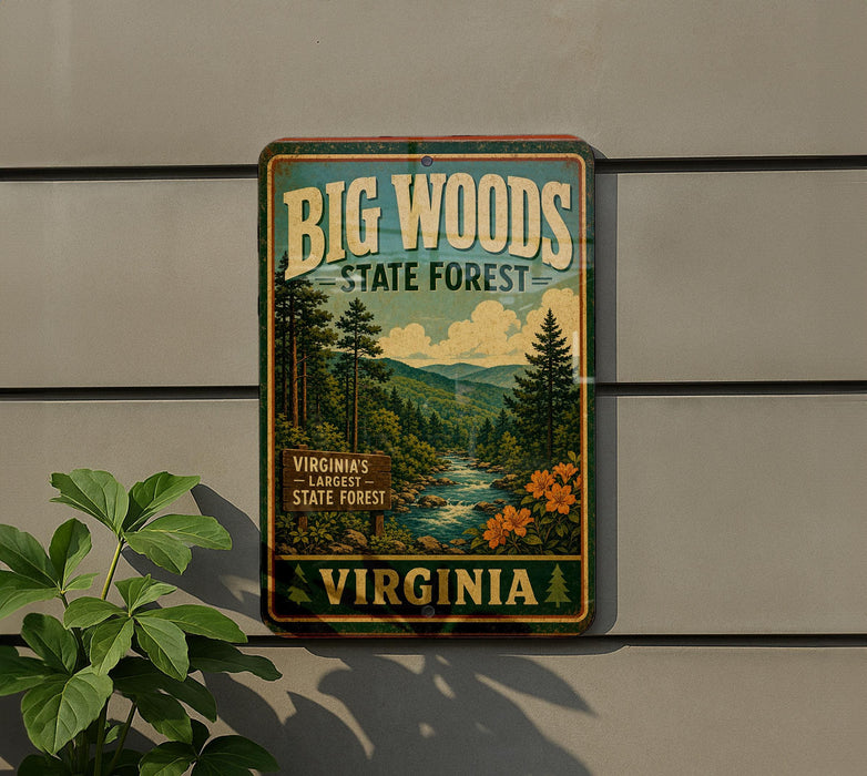 A vintage-style metal sign for Big Woods State Forest in Virginia, featuring a scenic landscape with pine trees, a river, and mountains.