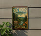 A vintage-style metal sign for Big Woods State Forest in Virginia, featuring a scenic landscape with pine trees, a river, and mountains.