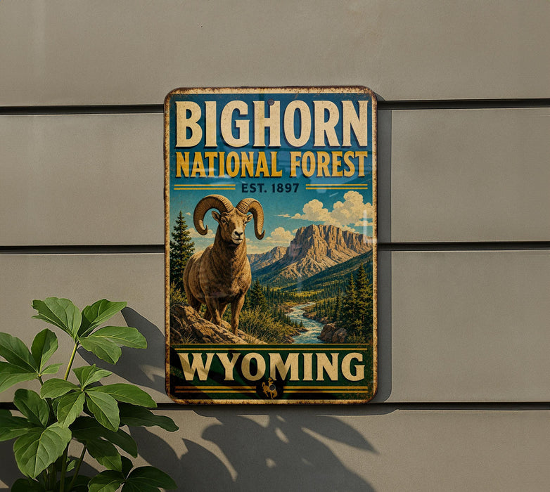 A vintage-style metal sign for the Big Horn National Forest in Wyoming, featuring a large image of a bighorn sheep against a scenic mountain landscape.