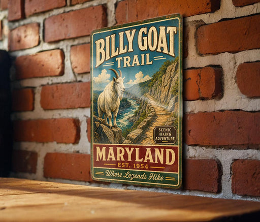 A vintage-style metal sign for the Billy Goat Trail in Maryland, featuring a mountain landscape with a goat on a cliff.