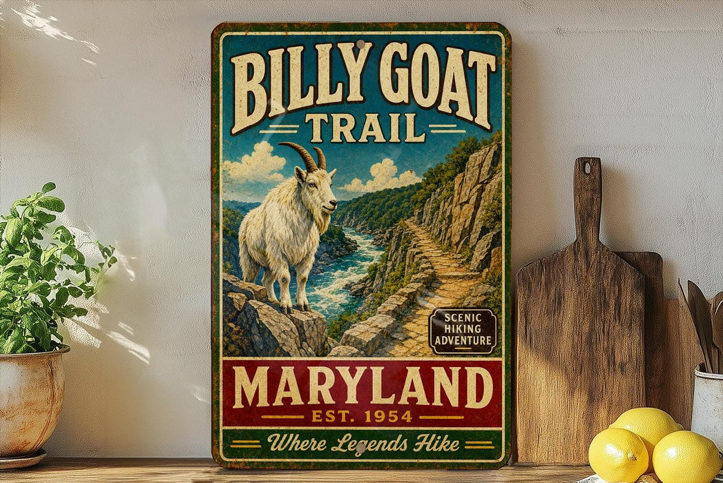 A vintage-style metal sign for the Billy Goat Trail in Maryland, featuring a mountain goat on a rocky cliff with a river below.