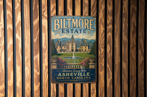 A vintage-style metal sign for Biltmore Estate in Asheville, North Carolina, featuring an illustration of the estate's architecture and landscaping.