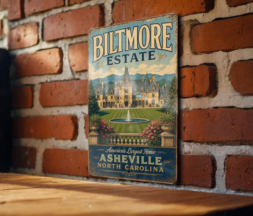 A vintage-style metal sign with the text "Biltmore Estate" and "Asheville, North Carolina" is displayed on a brick wall.