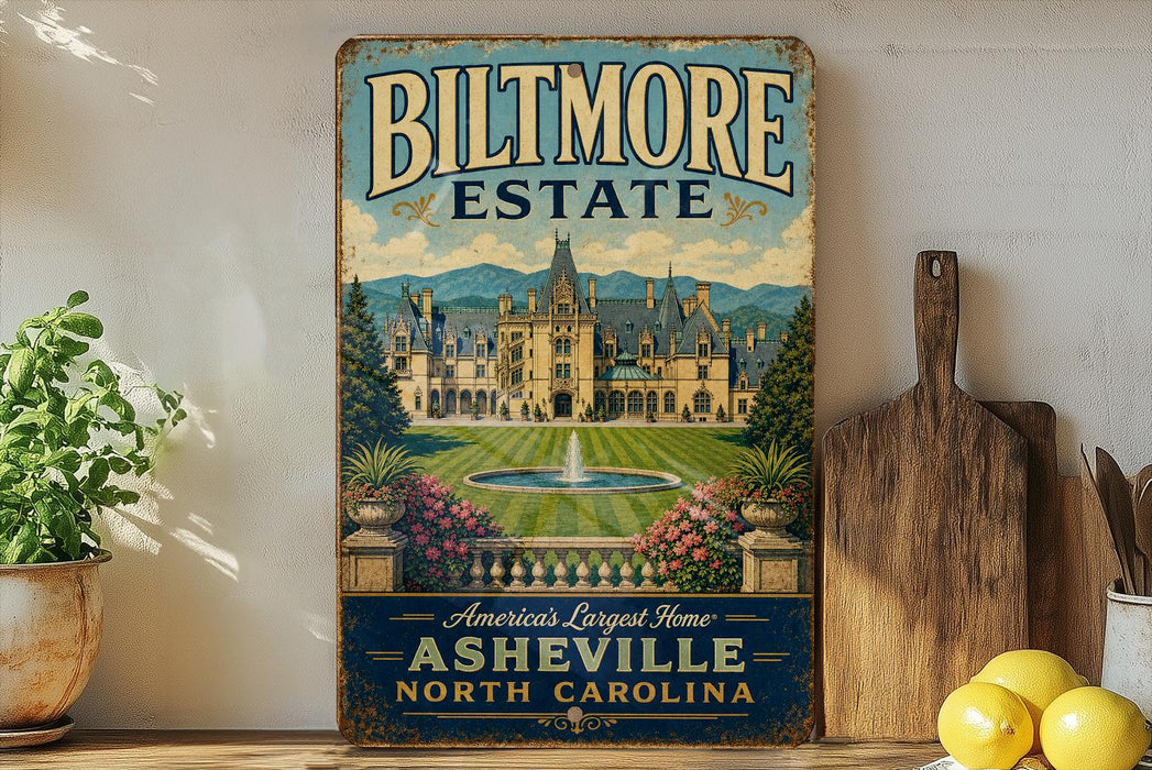 A vintage-style metal sign for Biltmore Estate in Asheville, North Carolina, featuring an illustration of the estate's gardens and fountain.