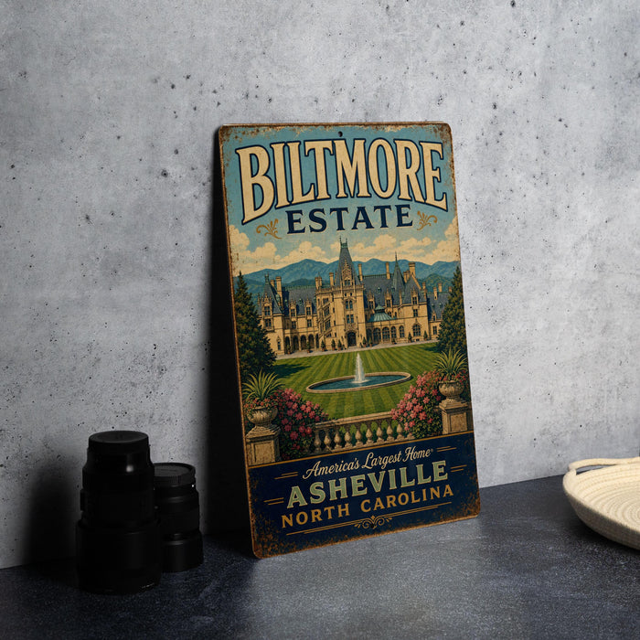 A vintage-style metal sign for the Biltmore Estate in Asheville, North Carolina, featuring an illustration of the estate's architecture and landscaping.