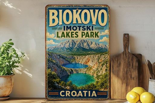 A vintage-style metal sign displaying the name "BIOKOVO IMOTSKI LAKES PARK" and the word "CROATIA" in bold letters, with a scenic image of a lake and mountains in the background.