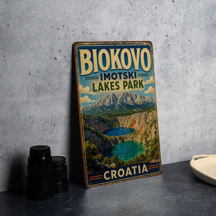 A vintage metal sign for Biokovo Imotski Lakes Park in Croatia, featuring a scenic landscape with mountains, a lake, and a blue sky.