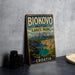 A vintage metal sign for Biokovo Imotski Lakes Park in Croatia, featuring a scenic landscape with mountains, a lake, and a blue sky.