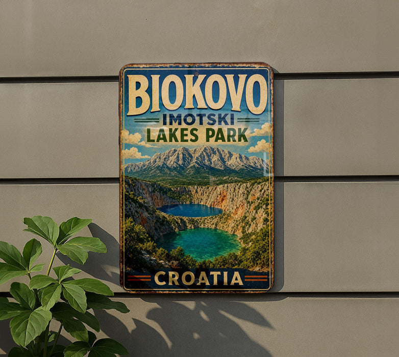 A vintage metal sign displaying the name "BIOKOVO IMOTSKI LAKES PARK" and the word "COTIA" in the bottom right corner, with a scenic image of a lake surrounded by mountains in the background.