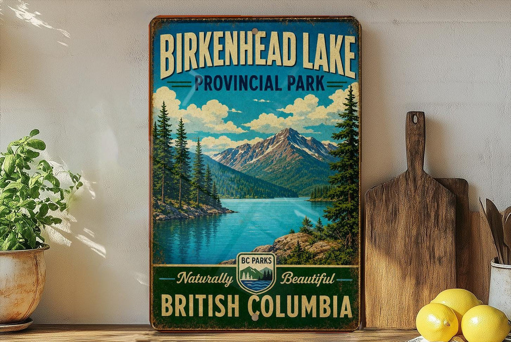 A vintage-style sign for Birkenhead Lake, a scenic park in British Columbia, Canada. The sign features a mountain landscape with pine trees and a lake, and is displayed on a wooden shelf next to a wooden cutting board and some lemons.
