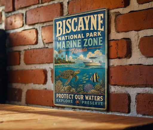 A vintage-style metal sign for Biscayne National Park, Florida, featuring a turtle, fish, and coral, mounted on a brick wall.